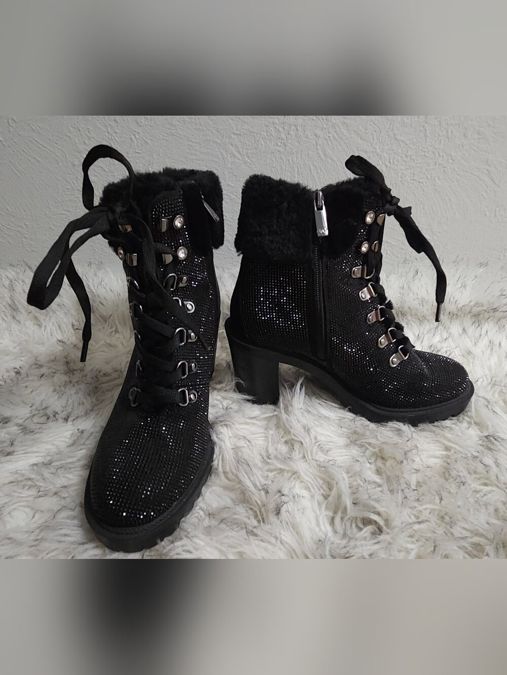 Black Rhinestone JLO Lace-Up Fur Trim Ankle Boots